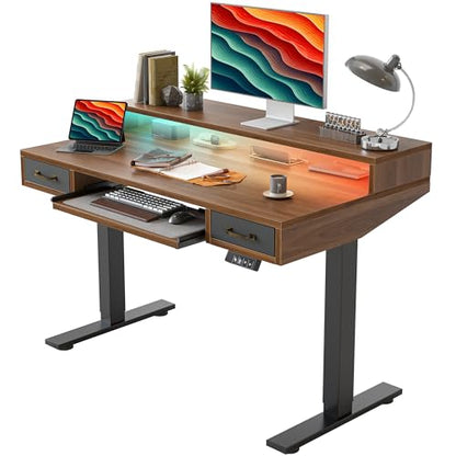 TIQLAB Standing Desk with Two Drawers, Stand Up Standing Desk Adjustable Height, Electric Sit Stand Table with Storage Shelf and Splice Board, with LED Light, 47 * 28 inch, Black Walnut - color: Black Walnut, size: 47*28 inch with keyboard tray
