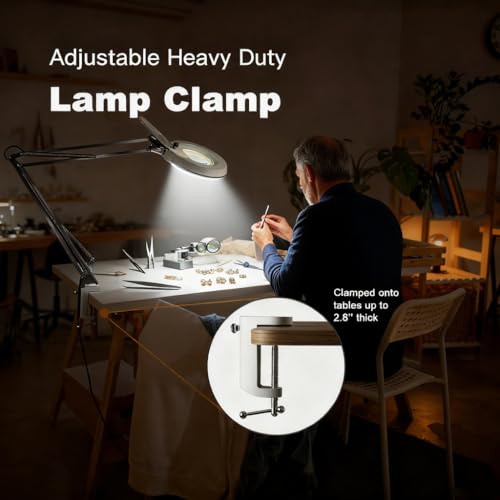 Magnifying Glass with Light,10X LED Dimmable Lighted Desk Lamp with Clamp and Stand,Hands Free Magnifier-Adjustable Stainless Steel Arm for Close Work Reading Hobbies Crafts Painting Sewing