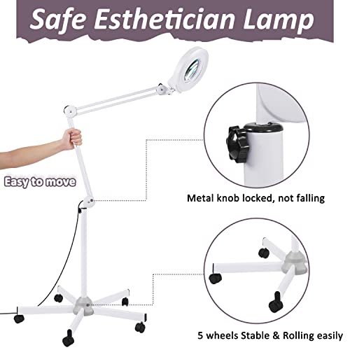 Veemagni Super Bright 2,200 Lumens, 15X Magnifying Glass with Light and Stand, Floor Lamp with 5-Wheel Rolling Base for Facials Lash Estheticians, LED Lighted Magnifier for Eyelash Extensions Reading