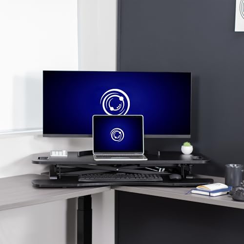 VIVO Extra Wide 38 inch Corner Desk Converter, K Series, Height Adjustable Sit to Stand Riser, Dual Monitor and Laptop Workstation with Wide Keyboard Tray, Black, DESK-V000KL - size: 38"
