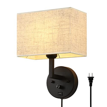 Plug in Wall Sconce with Dimmer Switch and USB Port，9.5“Rectangular Linen Fabric Shade，Bedside Wall Lamp Matte Black Finish，Wall Lamp Perfect for Bedroom, Living Room and Hotel. E26 Base - color: Black