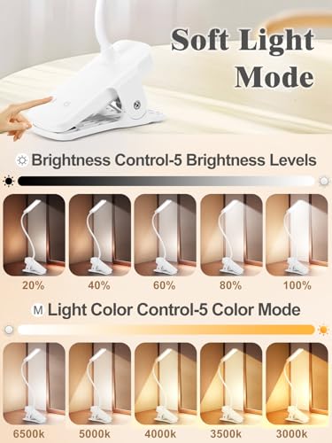 Eye Caring Clip on LED Bed Light 5 Color 5 Brightness Rechargeable Wireless | Flexible Neck Desk Lamp for College Dorm Essentials Reading