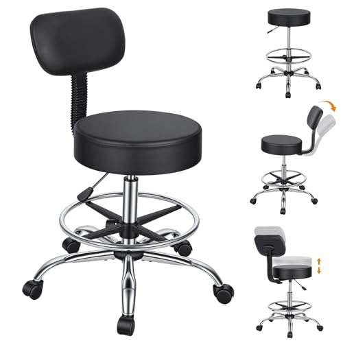 Drafting Chair, Height Adjustable Rolling Work Stool with Footrest Ring, Faux Leather Padded Seat Heavy Duty 250lbs for Office Workshop Garage (Black-E) - color: Black-e