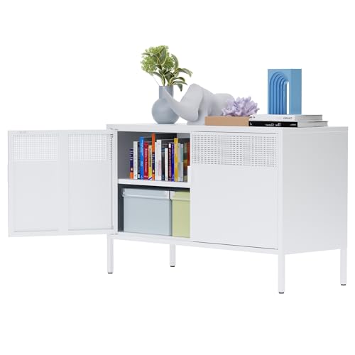Ustamio White Metal Locker Storage Cabinet with Adjustable Shelf, Low Metal Storage Cabinet for Home Office, 2 Door Small Decorative Metal Locker Tv Stand Cabinet - color: White, size: 25.2"H-Metal Doors