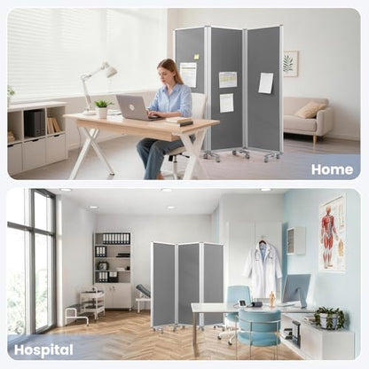 MAKELLO Partition Room Dividers 71"x71", Mobile Cubicle Wall, Gray Felt | 3 Panel Trifold Privacy Panel, Aluminum Frame, Sound Proof, Pinboard, Portable Temporary Wall for Office, Home, Classroom - color: Grey
