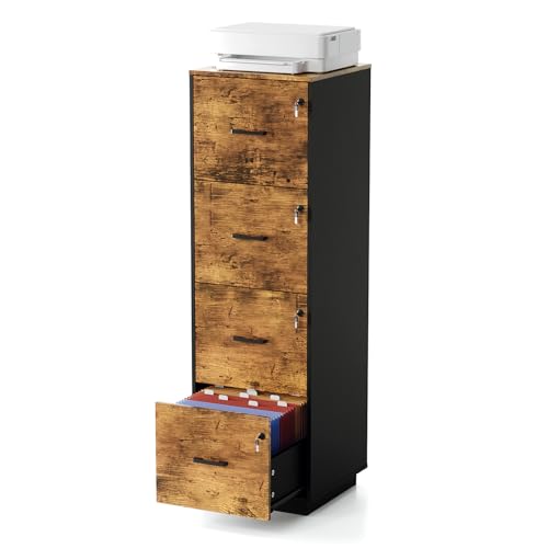 VINGLI 4 Drawer File Cabinet with Lock, Home Office Filing Organizer, for Letter Size File Folder Storage, Wood Tall Vertical Filing Cabinet, Printer Stand, Archivador (Rustic Brown) - color: Rustic Brown, size: High 4 Drawer