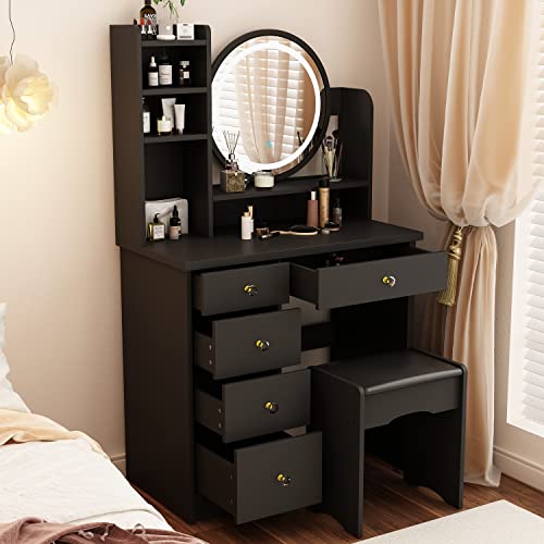 ECACAD Vanity Desk Set with LED Lighted Round Mirror, Makeup Dressing Table with 5 Drawers, Storage Shelves & Cushioned Stool for Bedroom, Black - style: Black-With Light