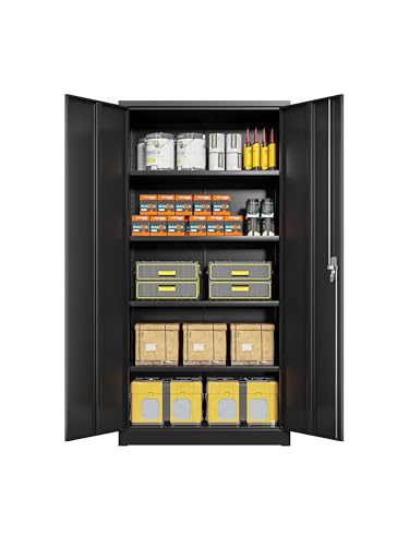 Black Iron Metal Lockable Storage Cabinet - Durable Home Office Garage Organizer for TV & Slim Storage - Secure Sideboard Locking Filing Pantry Tall Bathroom Floor Storage Cabinet with Lock - size: 31.48'' Black