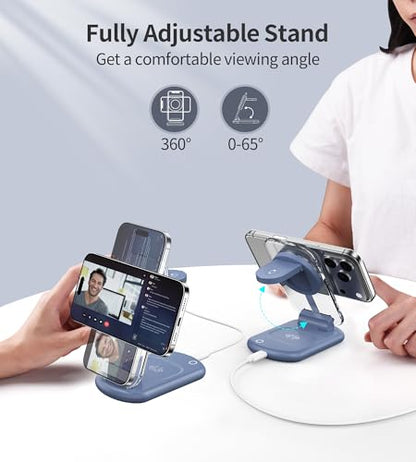 Mukiya 3 in 1 Magnetic Wireless Charging Station for Apple Devices | Fast Travel Charger Stand with Night Light for MagSafe-enabled iPhone 17 16 15 14 13 12 Series, Apple Watch/AirPods Pro, BU - color: Blue
