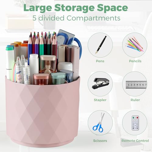 Desk Pencil Pen Holder, 5 Slots 360-Degree Rotating Desk Organizer, Diamond Pattern Desktop Storage Stationery Supplies Organizer, Cute Desk Accessories for Office, School, Home, Art Supply (Pink)