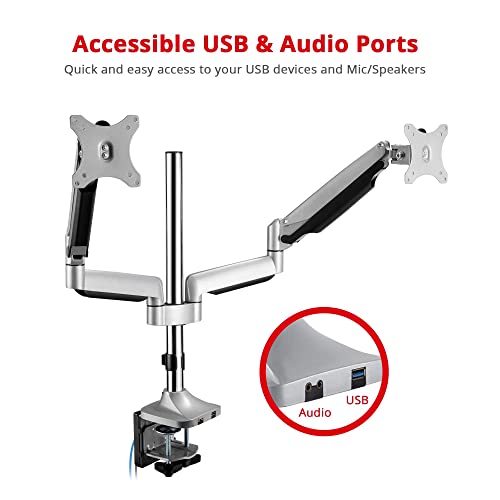 SIIG Dual Monitor Gas Spring Desk Mount W/USB Port | Mount two monitors on a desk from 13"-32" up to 19.8 lbs each; gas-spring adjustment and C-clamp confirm desk fit.