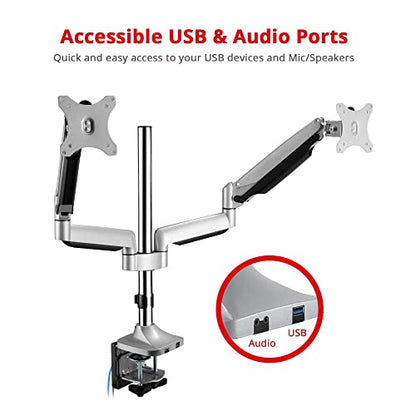 SIIG Dual Monitor Gas Spring Desk Mount W/USB Port | Mount two monitors on a desk from 13"-32" up to 19.8 lbs each; gas-spring adjustment and C-clamp confirm desk fit.