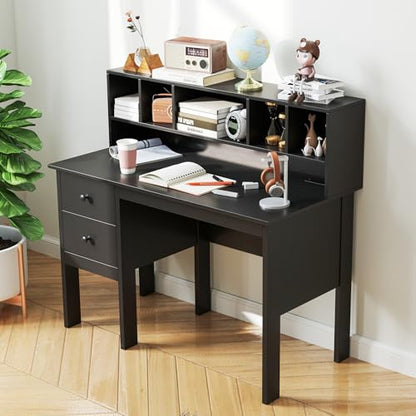 COSTWAY Writing Desk with USB Charging Ports & Power Outlets, 48" Computer Desk with Drawers & 5-Cubby Hutch, Study Table Computer Work Station for Home Office (Black) - color: Black