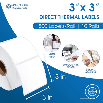 3" X 3" Square Direct Thermal Labels (5000 Count, 10 Roll) - size: 3" X 3"