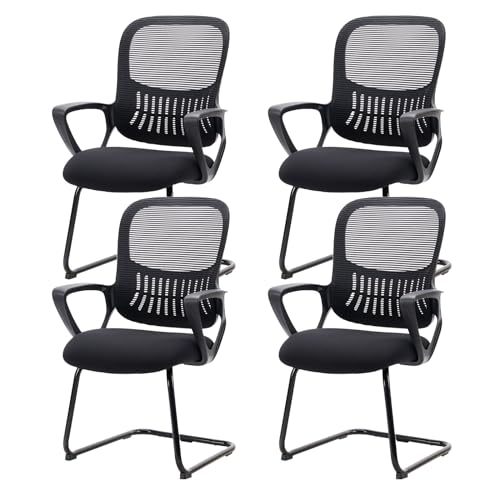 DUMOS Desk Chair No Wheels, Office Desk Chair, Lumbar Support | Mesh Computer Chairs Set of 4, Sled Base, Comfy Arms, Home Bedroom, Guest Reception - color: Black, size: Set of 4