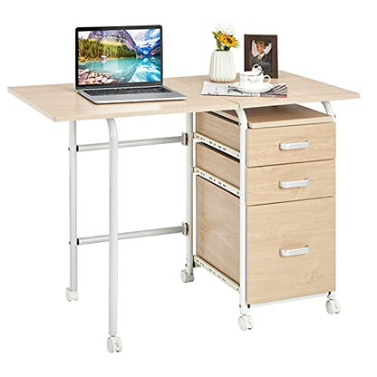 Tangkula Folding Computer Desk with 3 Storage Drawers, Mobile Home Office Desk Study Writing Desk with Smooth Wheels, Space Saving Compact Desk for Dorm Apartment, Rolling Folding Desk Table - color: Natural