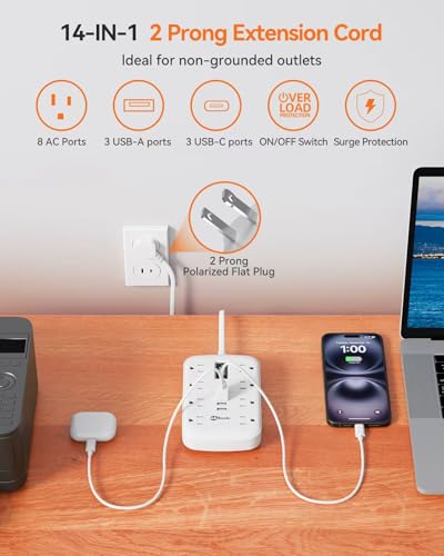 2 Prong Power Strip, 3 to 2 Prong Outlet Adapter, 1700J 2 Prong Surge Protector 5ft Extension Cord with Thin Flat Polarized Plug, 8 AC & 6 USB, Wall Mount for Non-Grounded Outlet, Ideal for Old House - size: 5 FT, style: 2 Prong Plug(8AC+3U3C)