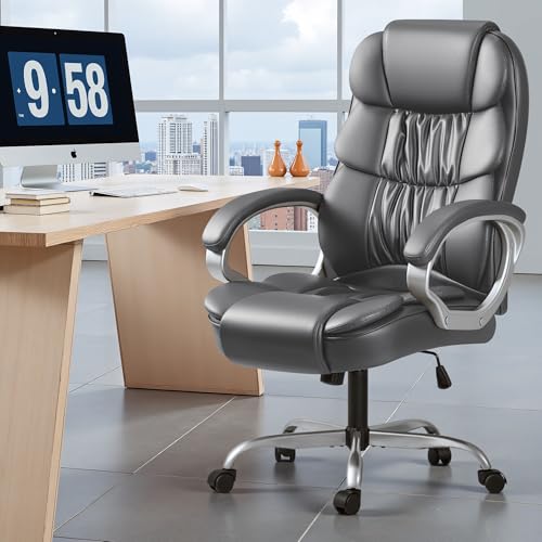 Homall Office Chair High Back Computer Chair Desk Chair, PU Leather Adjustable Height Modern Executive Swivel Task Chair with Padded Armrests and Lumbar Support (Gray) - color: Grey