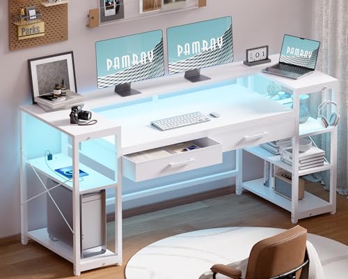 Pamray 58 Inch Gaming Computer Desk with Monitor Stand Drawers and Shelves | Ample Storage， Large Table with LED Lights & Power Outlets & USB Ports, Sturdy, Suitable for Gaming Home Office Work Study - color: White