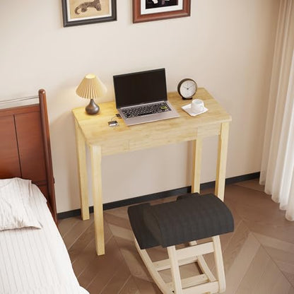 Solid Wood Desk with Drawers - 32 x 16 Inch Simple Narrow Desks, Rubber Wood Study Table, Small Writing Desk for Bedroom|Small Spaces - Natural Boho Desks - color: Natural, size: 31.5 in W x 15.7 in D
