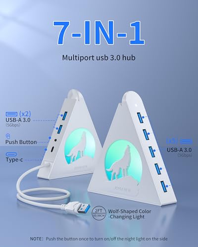 7 Port USB Hub, JoyReken USB 3.0 Hub with 2 FT Long Cable, Vertical USB Extension Hub for Laptop, MacBook, Flash Drive, XPS, PC, Flash Drive, Game Console, Printer, Camera,Keyborad, Mouse (White) - color: white