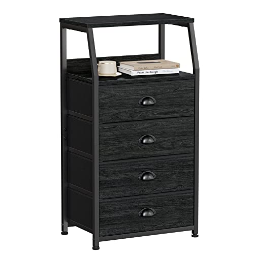 Dorm Tall Nightstand, Small Dresser for Bedroom with Fabric Drawer | Black Tall 4 Drawers Dresser, Bedside Table with Metal Frame, Wood Top, Storage Drawer for Closet, Entryway, Living Room - color: Black Oak, style: 4 Drawers