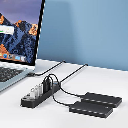 USB Hub 7 Port, USB Splitter with Individual On/Off Switches and Lights. - color: Black