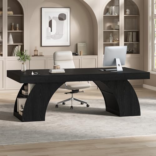 UPOSOJA 70.9 Inch Executive Desk, Large Office Desk with Power Outlet & Storage Shelves, Modern Aesthetic Computer Desks Wood Workstation Business Furniture Writing Table for Home Office (Black) - color: Black