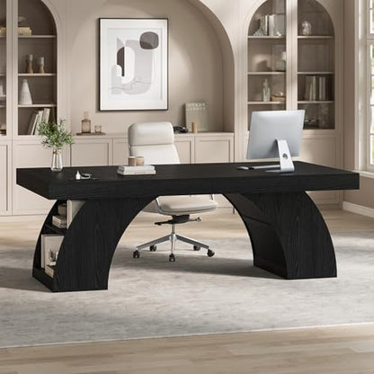 UPOSOJA 70.9 Inch Executive Desk, Large Office Desk with Power Outlet & Storage Shelves, Modern Aesthetic Computer Desks Wood Workstation Business Furniture Writing Table for Home Office (Black) - color: Black