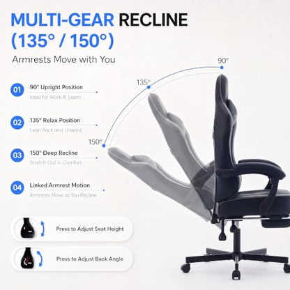 Desk Computer Gaming Chair - High Back Ergonomic Office Chair with Footrest and Lumbar Support, Swivel Comfy Home Gamer Video Game Chairs with Pocket Spring Cushion for Adults (Grey Leather) - color: Classic Grey Leather