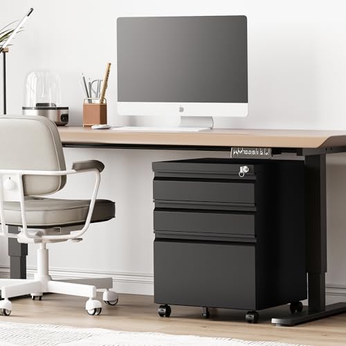 RAVIGIN 3 Drawer File Cabinet，Mobile Filing Cabinet with Lock and Wheels，Un-Assembled Metal Under Desk File Cabinets for A4/Letter/Legal Size（Black - color: Black, style: 3 Drawer-Un-Assembled