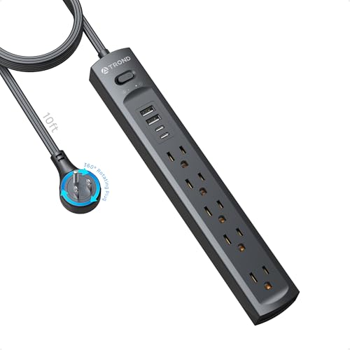 TROND 360 Rotating Plug Power Strip, Flat Plug Power Strip with 4 USB Ports - color: Black, size: 10 ft