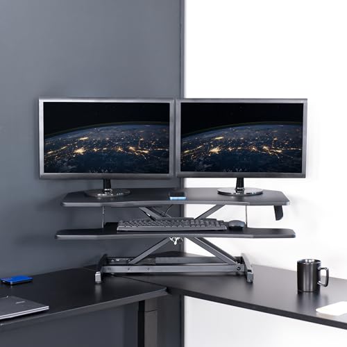 VIVO Corner Height Adjustable 38 inch Standing Desk Converter, Quick Sit to Stand Tabletop Dual Monitor Riser Workstation, DESK-V037MC