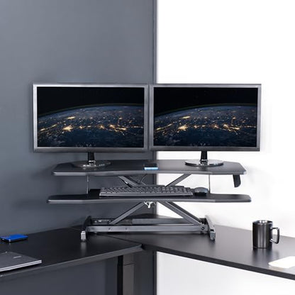 VIVO Corner Height Adjustable 38 inch Standing Desk Converter, Quick Sit to Stand Tabletop Dual Monitor Riser Workstation, DESK-V037MC