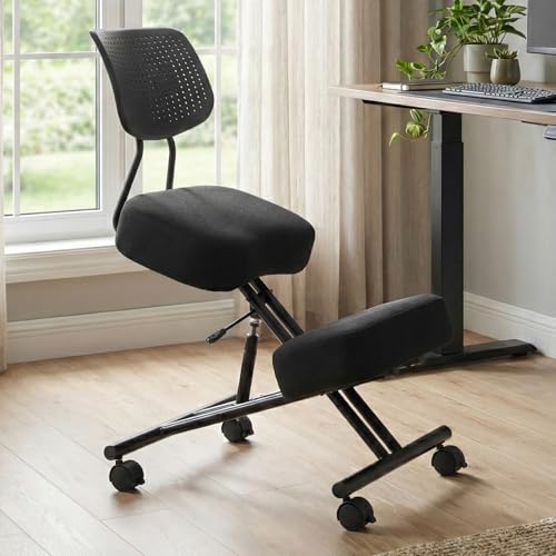 Kneeling Chair with Backrest Adjustable Linen Ergonomic Home Office Chair | Improve Posture Chair with Brake Rolling Wheels Thick Cushion Work Stool Back Pain Relief - color: Black-linen