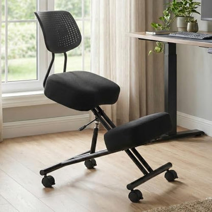 Kneeling Chair with Backrest Adjustable Linen Ergonomic Home Office Chair | Improve Posture Chair with Brake Rolling Wheels Thick Cushion Work Stool Back Pain Relief - color: Black-linen