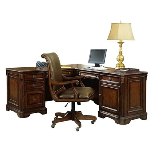 Pemberly Row L-Shaped Wood Executive Desk, Mahogany Finish, Hardwood Solids and Cherry Veneers, 68.25 in x 79 in x 30.5 in, Transitional Style Office Desk with Cable Management and Storage