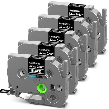 Replace for Brother TZe-335 Label Maker Tape White on Black Label Tape 1/2" | TZe335 TZ Tape 12mm 0.47 Laminated Black for Brother PT-H103w H110 D210 D220 D400 1180 1280 1890 2040 P-touch Refills, 5-Pack - color: White on Black