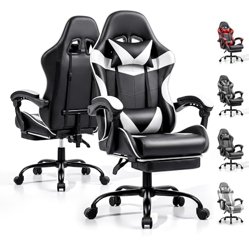 Gaming Chair, Ergonomic Computer Chair with Footrest and Lumbar Support, Height Adjustable Office Chair with 360° Swivel Seat and Headrest (Black & White) - color: Black & White