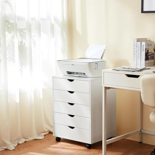 5 Drawer Mobile File Cabinet Under Desk Storage Organization with Wheels Vertical Filing Chest Rolling Wood Small Desk Printer Stand for Home Office, White