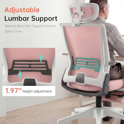 Ergonomic Foldable Office Chair with Footrest and Lumbar Support, Pink | Compact desk chair with space-saving folding design, 2D headrest, 2D armrests, computer cahirs for home office - color: Pink