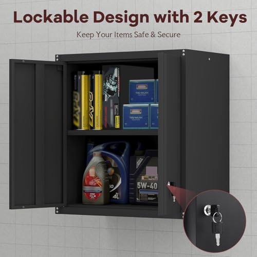 Steel Wall Cabinet, Metal Locking Wall Cabinet, Hanging Metal Cabinet for Garage Tool Storage, Wall Mount Tool Cabinet for Garage, Laundry Room, Office, Black - color: 28"h - Black