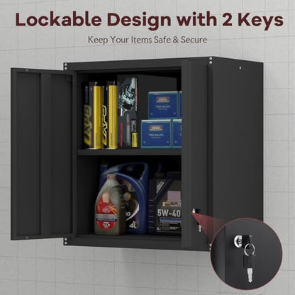 Steel Wall Cabinet, Metal Locking Wall Cabinet, Hanging Metal Cabinet for Garage Tool Storage, Wall Mount Tool Cabinet for Garage, Laundry Room, Office, Black - color: 28"h - Black
