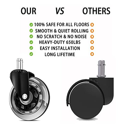 Office Chair Wheels for IKEA Chairs,10mm stem Caster, 3 Inch Heavy Duty Replacement Rubber Chair Casters, Quiet & Smooth Rolling for IKEA Casters, Protection for Hardwood Floors or Carpet