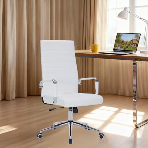 White Leather Ribbed Office High-Back Desk Conference Chairs with Wheels | Ergonomic High-Back Executive Chairs with Wheels Adjustable Swivel Computer Task Desk Chair with Arms and Thick Padded Seat - color: White, size: High Back