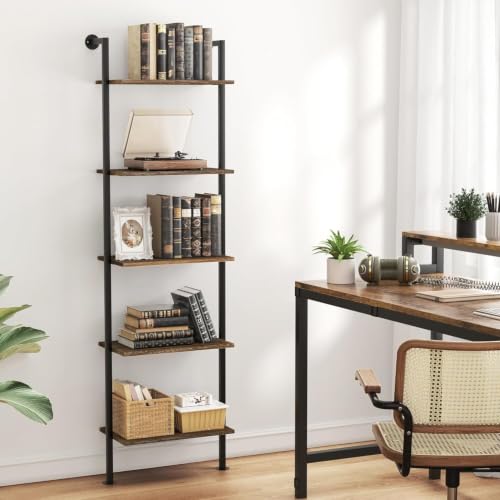 5-Tier Bookshelf,Solid Wood Narrow Bookcase Set of 1,Wall Mount Ladder Shelf,Wooden Storage Shelves for Bedroom,Home Office,Living Room,Dark Brown - color: Solid Wood Dark Brown-1pc