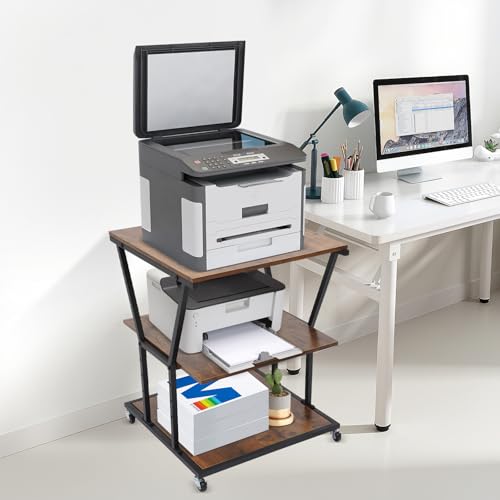 3-Tier Printer Stand for Home/Office, Mobile Rolling Cart with Storage Shelf & Wheels, Industrial Style Printer Table for Heat Press, Scanner, Fax Machine (Black)