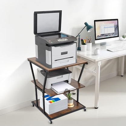 3-Tier Printer Stand for Home/Office, Mobile Rolling Cart with Storage Shelf & Wheels, Industrial Style Printer Table for Heat Press, Scanner, Fax Machine (Black)
