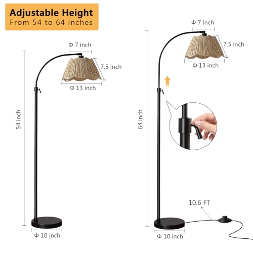 64'' Adjustable Arc Floor Lamp with Woven Pleated Shade, Black - color: Black