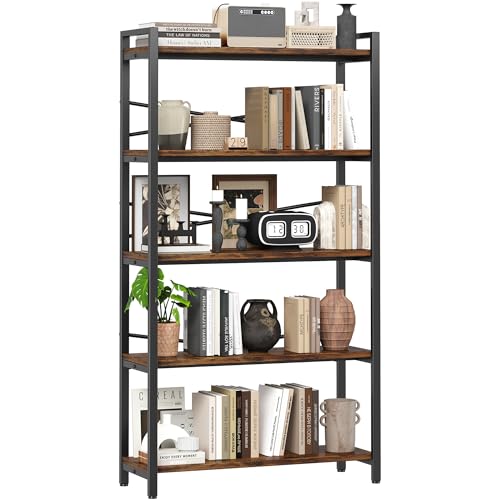 5 Tier Bookshelf 31.49" Width, Tall Book Shelf Storage and Organization, Wooden and Metal Industrial Bookcase, Large Book Shelves for Home Living Room Bedroom Office Storage(Vintage) - color: Vintage, size: 5 Tier - 31.5" W